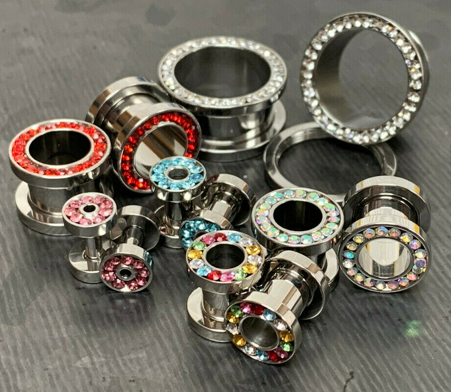 PAIR CZ Gem Rimmed 316L Surgical Steel Screw Fit Tunnels Plugs Earlets Gauges