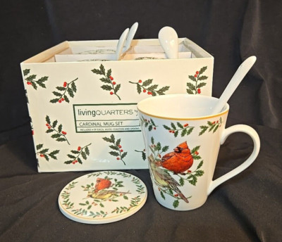 Living Quarters Christmas Cardinal Set 4 Mug / Cup 4Coasters 4Spoons in Gift Box