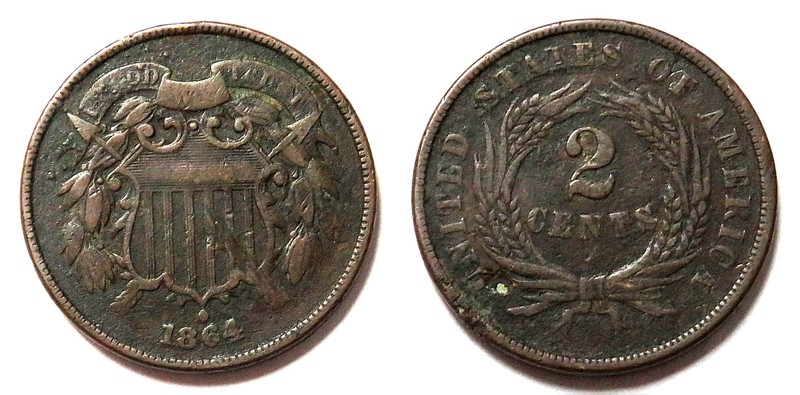1864 ERROR INVERTED REVERSE 358° ROTATED USA 2 CENT VG