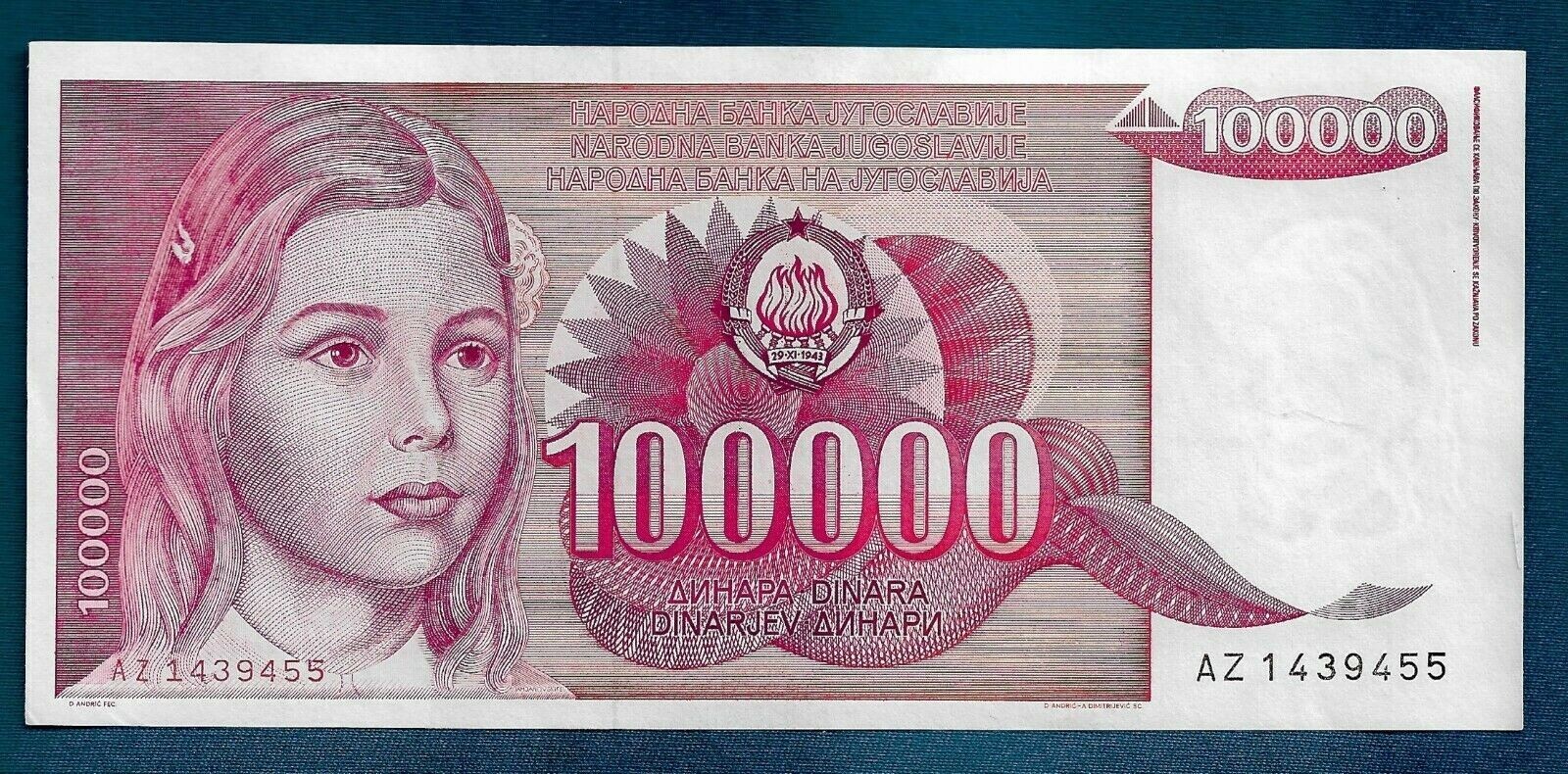 100000 Dinara 1989. Yugoslavia SFRJ banknotes, Original BIG