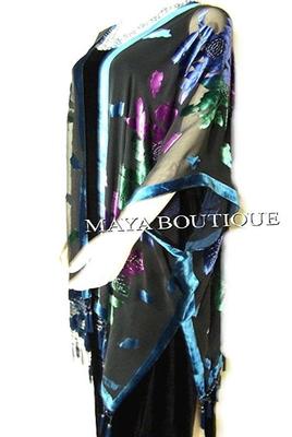 Pre-owned Maya Matazaro Caftan Kimono Duster Beaded Silk Burnout Velvet Tye Dye Blue Multi