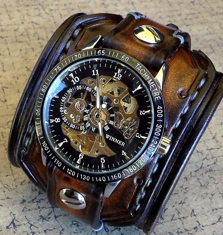 Pre-owned Handmade Steampunk Leather Wrist Watch, Skeleton Men's Watch, Brown Leather Watch Cuff,