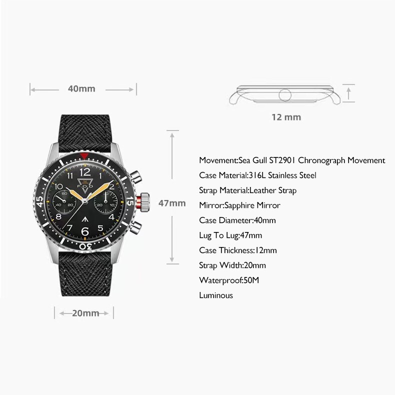 Pre-owned Merkur Men Chronograph Watch Manual Wind Mechanical Wristwatch St2901 Black Dial