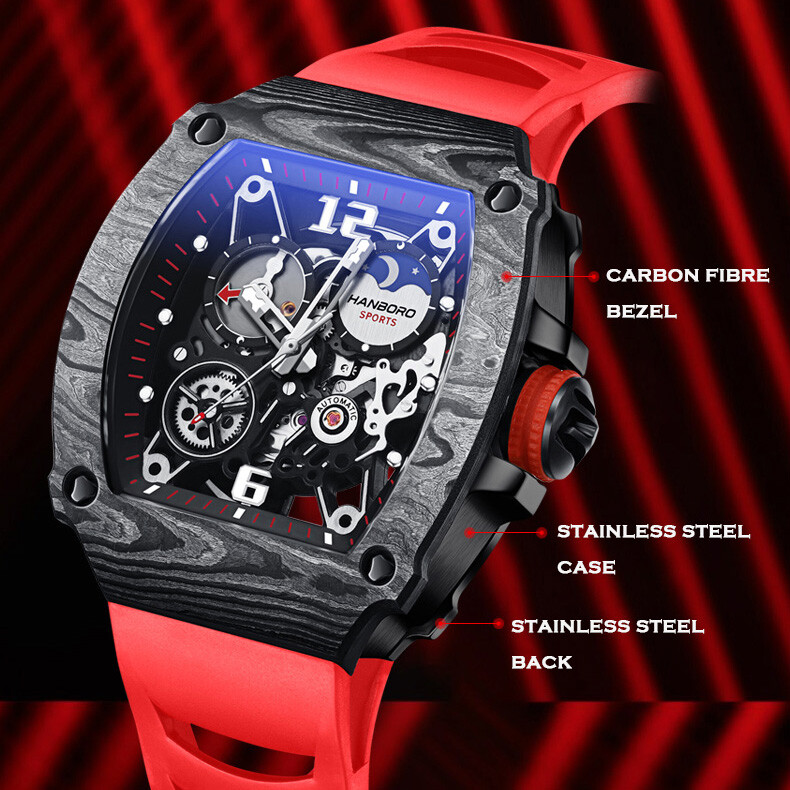 Pre-owned San Martin Hanboro Men Automatic Watch Luxury Luminous Mechanical Wristwatch Tonneau Case