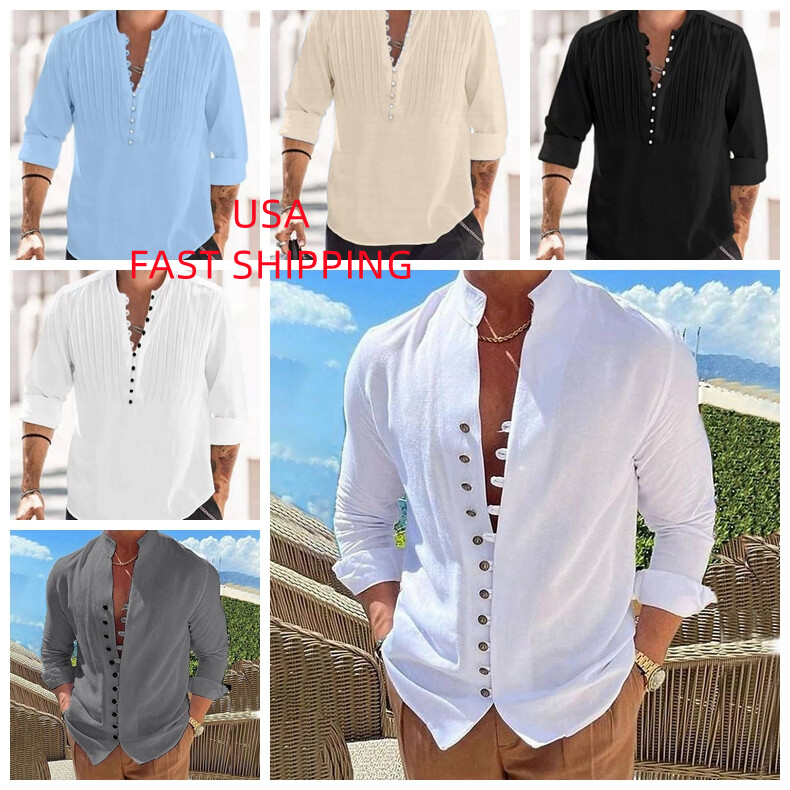 Men Henley Button Up Shirts Solid Linen Hippie Beach
