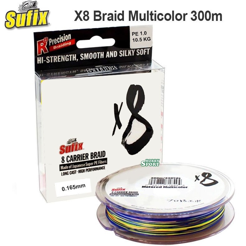 SUFIX X8 TRECCIATO MULTICOLOR 300 MT DIAM. 0,165 MM 8 CARRIER PE 1 BRAID METERED