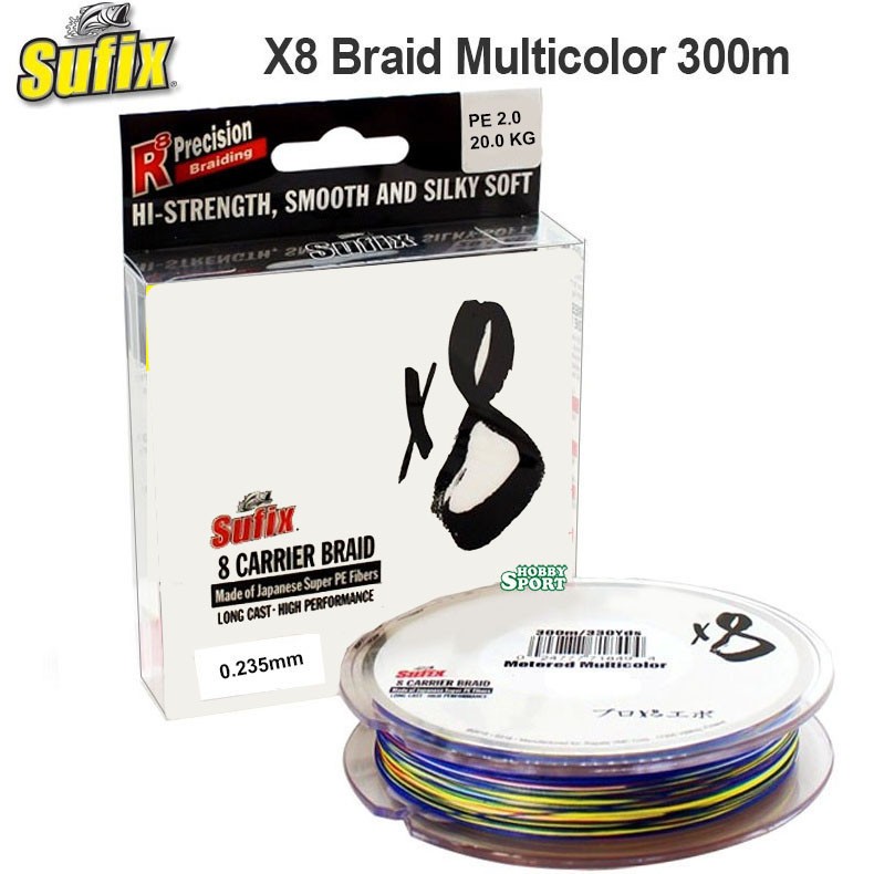 SUFIX X8 TRECCIATO MULTICOLOR 300 MT DIAM 0,235 MM 8 CARRIER PE 1.2 BRAID