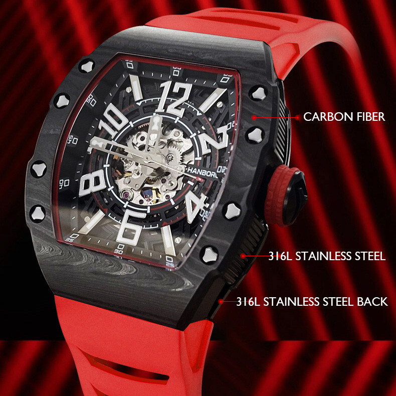 Pre-owned Hanboro Men Automatic Watch Mechanical Wristwatch Tonneau Carbon Fibre Bezel