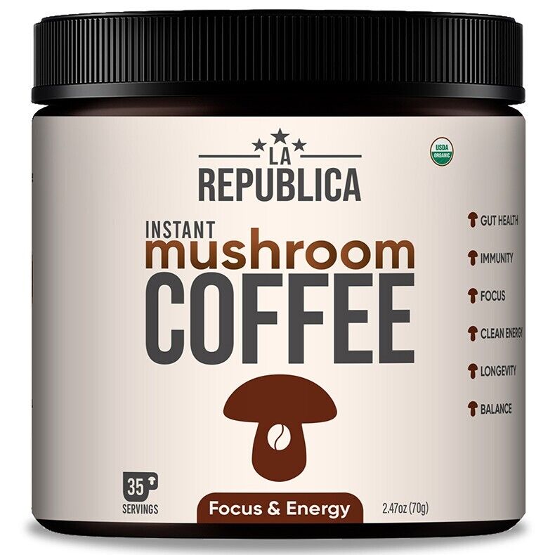 La Republica USDA Organic Fair-Trade Instant 7 Mushroom Coffee -35 Servings