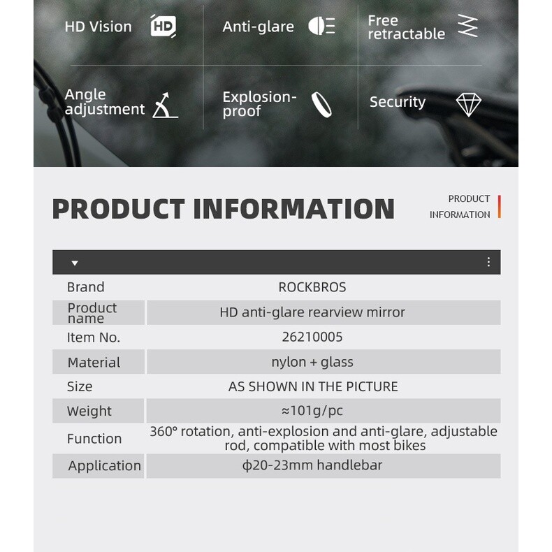 ROCKBROS MTB Bike Rearview Mirror Safe Cycling Rear View Mirrors 360°Convex Side