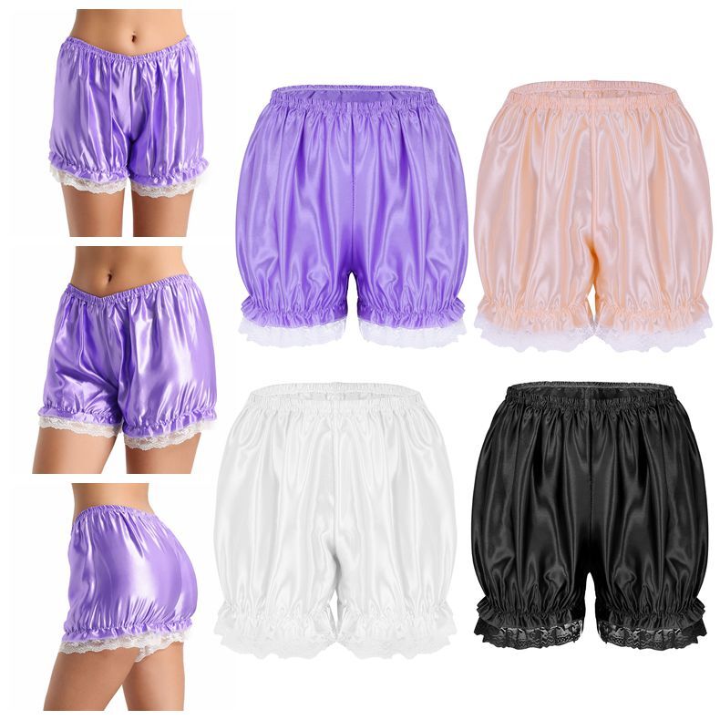 【THEAIRTOWN】Lace Satin Track Shorts ★ Womens Oil Shiny Shorts Mid Waist Elastic Waistband Yoga