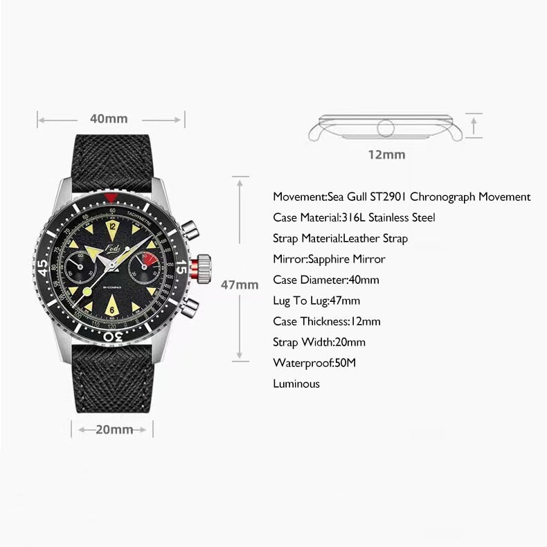 Pre-owned Merkur Men Chronograph Watch Manual Wind Mechanical Wristwatch St2901 Black Dial