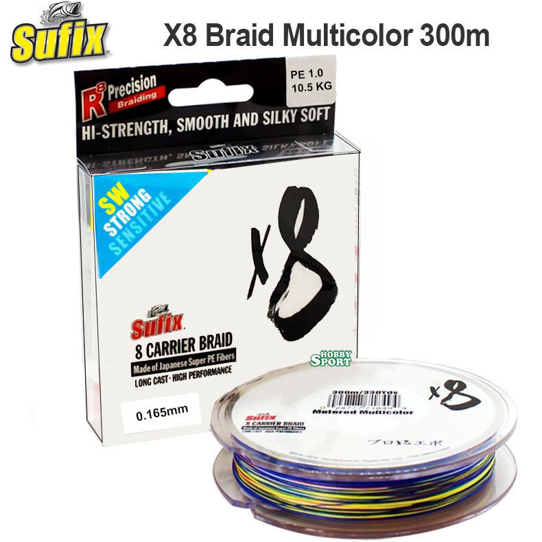 SUFIX X8 TRECCIATO MULTICOLOR 300 MT DIAM. 0,165 MM 8 CARRIER PE 1 BRAID METERED