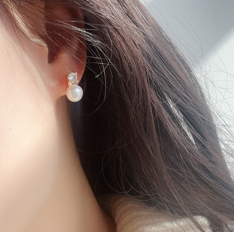 7-8mm Freshwater Pearl Sterling Silver Cubic Zirconia Stud Earrings Gift Box PE2