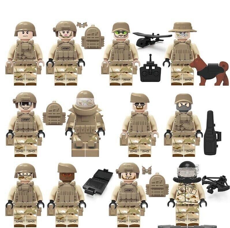 12 Figuren LEGO kompatibles SWAT Team mit Ausrüstung und Hund, Soldaten Tan
