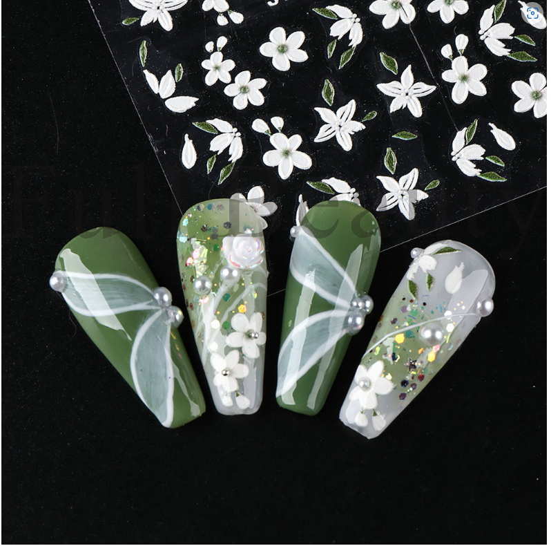 5D Embossed Tulip Camellia Flowers Leaf Nail Stickers Water Sliders Manicure DIY