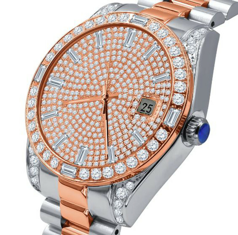 Pre-owned Bling Master - Majesty Solid Steel 18k 2 Tone Rose Gold Baguette Simulated Diamond President Watch 40mm