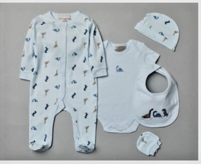 ''Dino Baby Blue 100% Cotton Newborn Baby 5pc Starter Gift Set Includes Gift Bag''