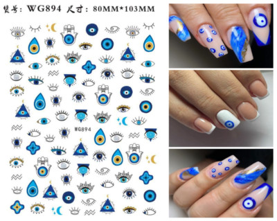 3D Blue Evil Eye Hamsa Hand of Fatima Self-Adhensive Nail Decal Sticker DIY NH3
