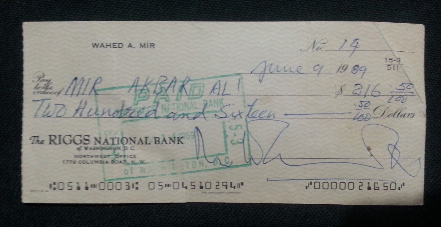 1969 USA THE RIGS NATIONAL BANK WASHINGTON $216 CHECK TO