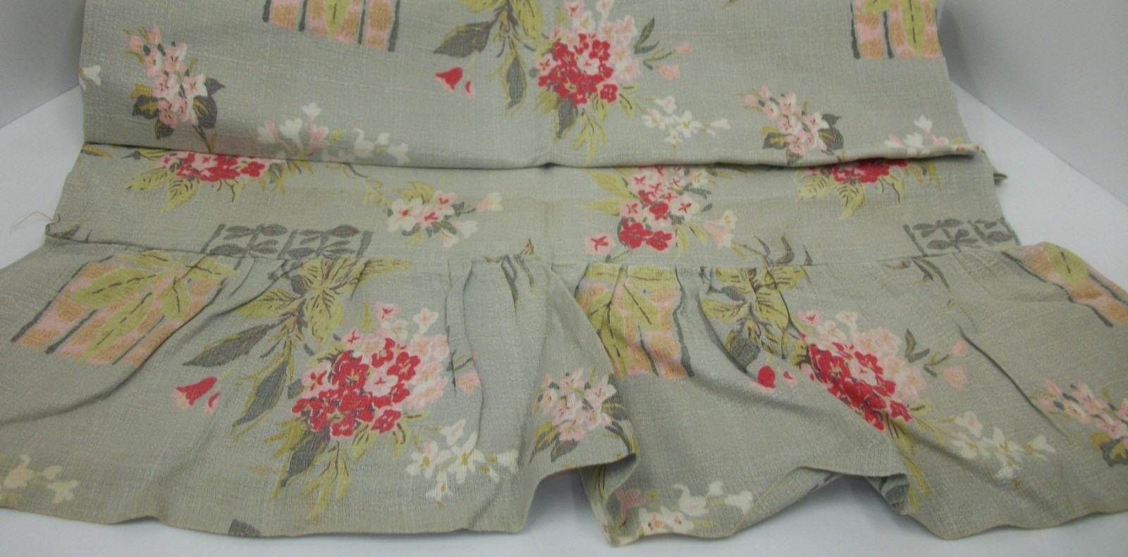 Vintage 1940s Barkcloth Fabric Single Panel Grey with Green Red & Pink