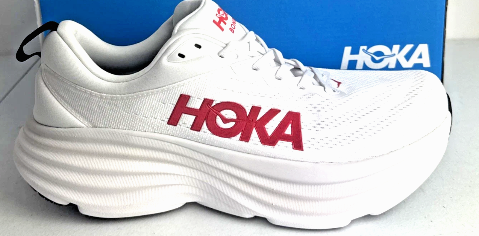 Men's HOKA One Bondi 8 Shoes White/Red Marathon Running
