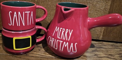 Rae Dunn MERRY CHRISTMAS Hot Cocoa Pitcher & SANTA Stackable Mugs RARE Red/Green