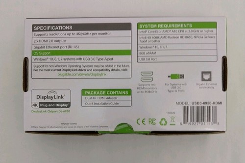 Plugable USB 3.0 DisplayLink 4K Dual HDMI Monitor Adapter Ethernet USB3-6950