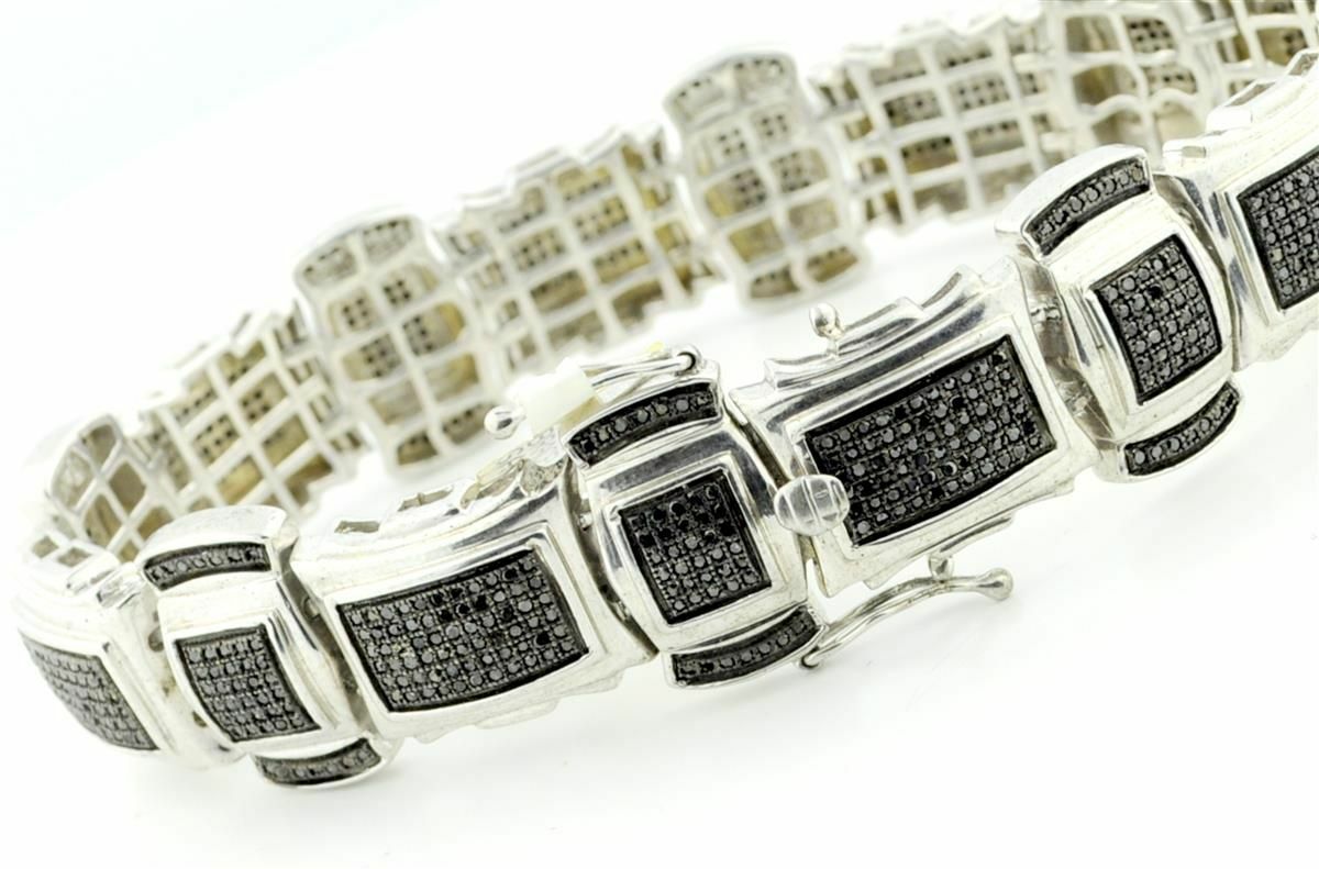 Pre-owned Online0369 5.81 Ct Round Black Cubic Zirconia Mens Wide Link Bracelet 925 Over Silver
