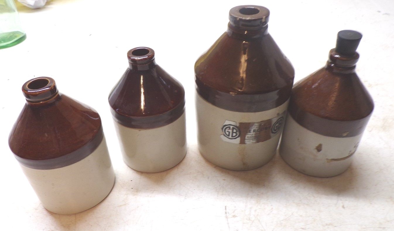 4 EMPTY Old Crock Drug Store Jugs Marked Mercury