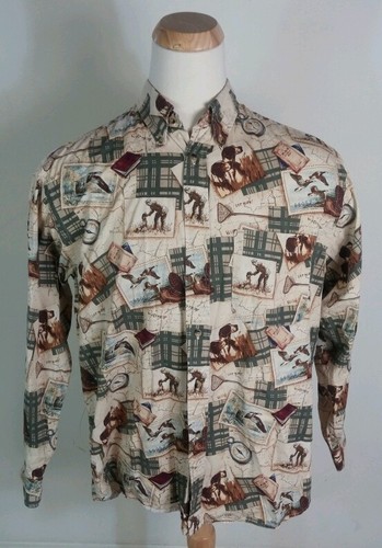 Nautica All Over Print Fishing Hunting Shirt Dog Bird Vtg Large Dress Travel