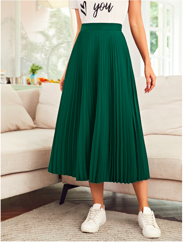 Dark green top pleated skirt outfit