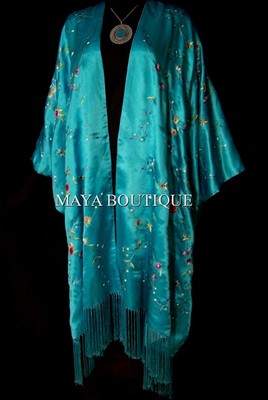 Pre-owned Maya Matazaro Turquoise Embroidered Silk Kimono Caftan Duster Opera Coat  Plus In Blue