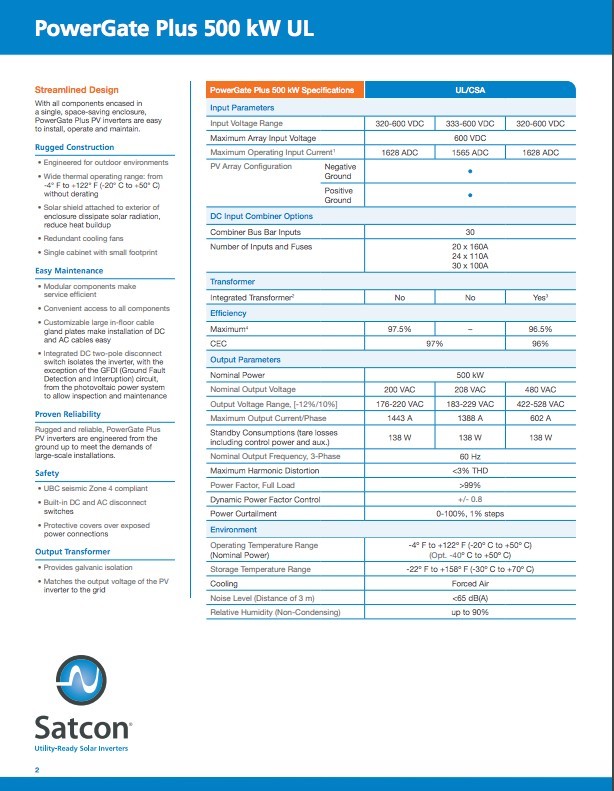 Brand New Satcon Inverter - PowerGate Plus 500 kW UL (PVS-500-UL)