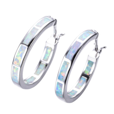 925 Sterling Silver Blue White Opal Hoop Huggie Earrings 20mm Women Gift Box I80