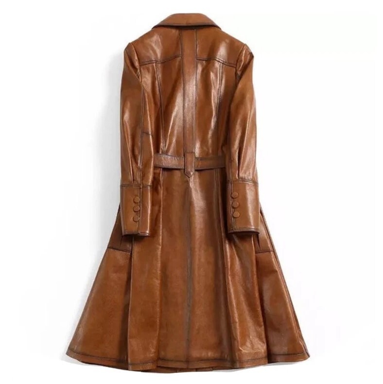 Pre-owned Style Italian  Overcoat Real Leather Trench Coat, Belt Wax Tan Long Leather Coat