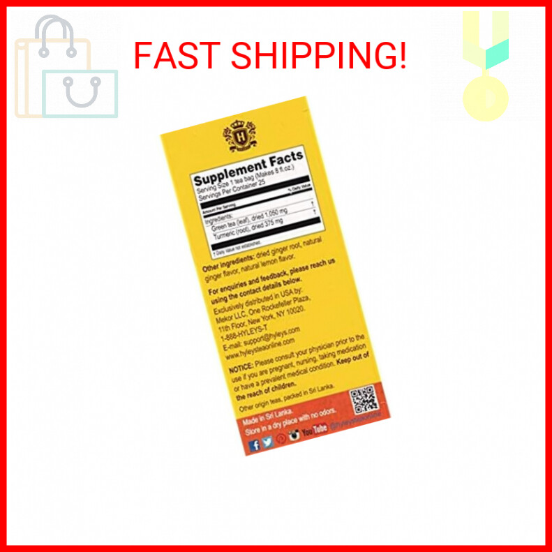 Hyleys Turmeric Tea - Green Tea with Ginger and Lemon Flavor - 25 Tea Bags - (10