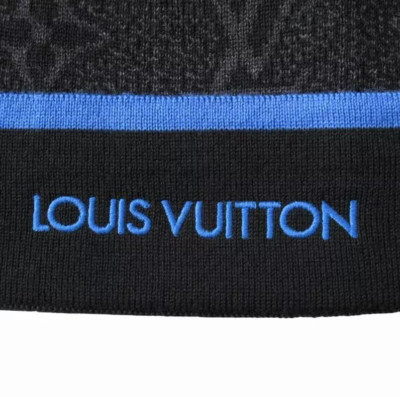 LV Eclipse Winter Knit Beanie Cap Hat Toque Black & Blue Stripe Skull Cap
