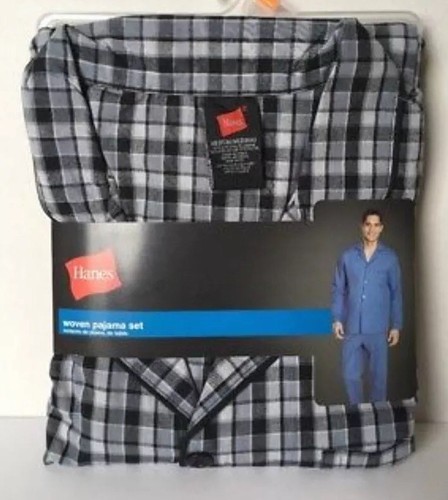 Hanes Men’s Small 2-pc Long Sleeve & Pant Woven Pajama Pj’s Gray Black Plaid NWT