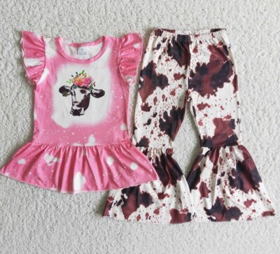 Toddler: Girls Pink Cow Bell Bottom Pants Sets