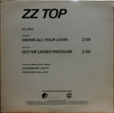 ZZ TOP Gimme All Your Lovin/Got Me Under Pressure WB PRO-A-2011 1983 12'' 33RPM