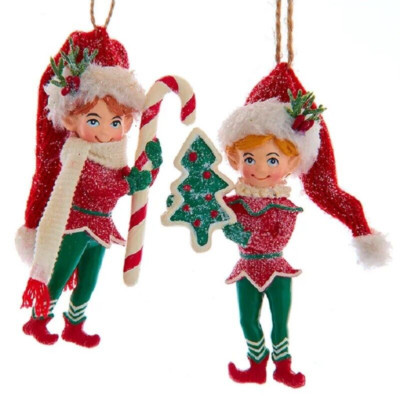 Set/2 5" Kurt Adler Red Hat Candy Cane Cookie Elf Ornament Retro Christmas Decor