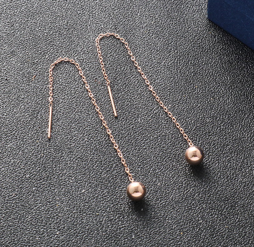 Minimalism Gold Threader Tassel Earrings Stainless Steel 4mm Ball 3" Chain PE9