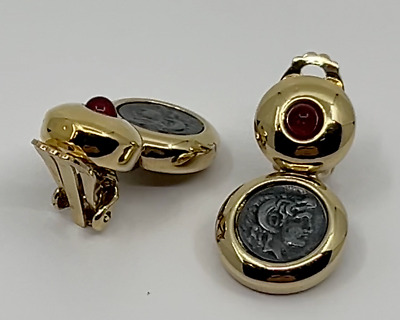 Vintage ULTIMA Beautiful Roman COIN & Ruby Red Glass Stone Clip On Earrings