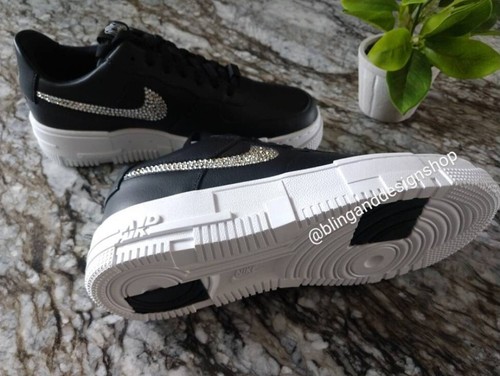 Pre-owned Swarovski Womens Nike Air Force 1 Pixel Black Sneakers Shoes Made With  Crystals