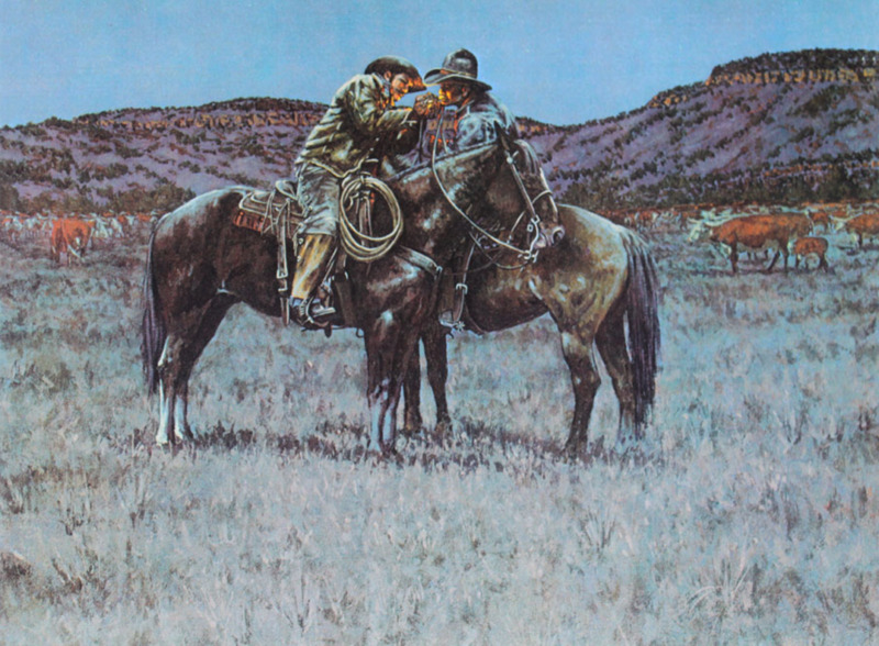 Cowboys Watching Herd Visiting Smoking By Kenneth Wyatt
