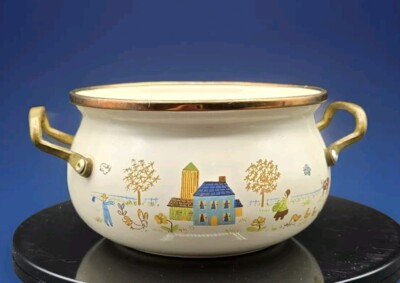 Vtg Enamelware Pot Brass Top Lincoware Country Design Small Enamel Pot NO LID