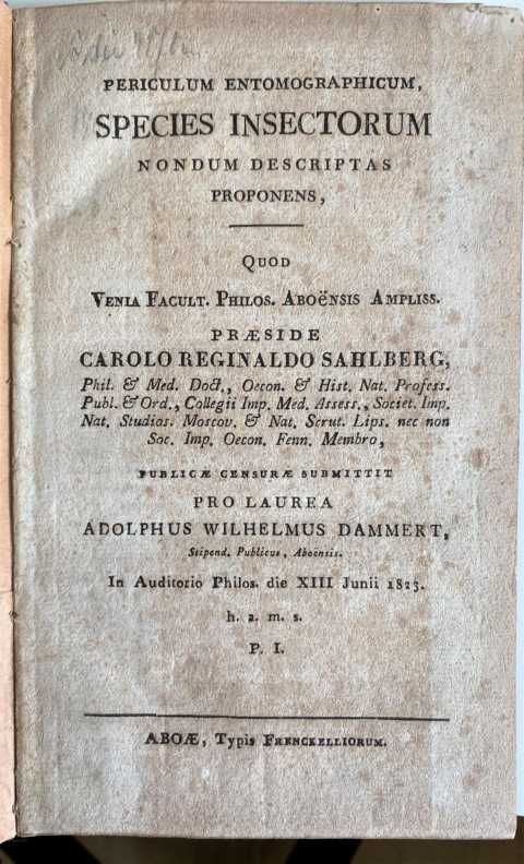 Periculi Entomographici Species Insectorum Nondum Descriptas Proponens Sahlberg,