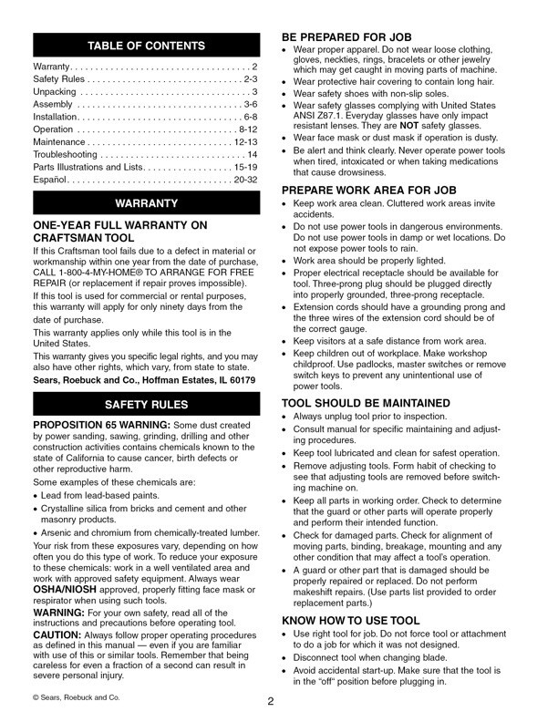 Owner's Manual & Parts List  Sears Craftsman 14" Band Saw - Model 351.224010