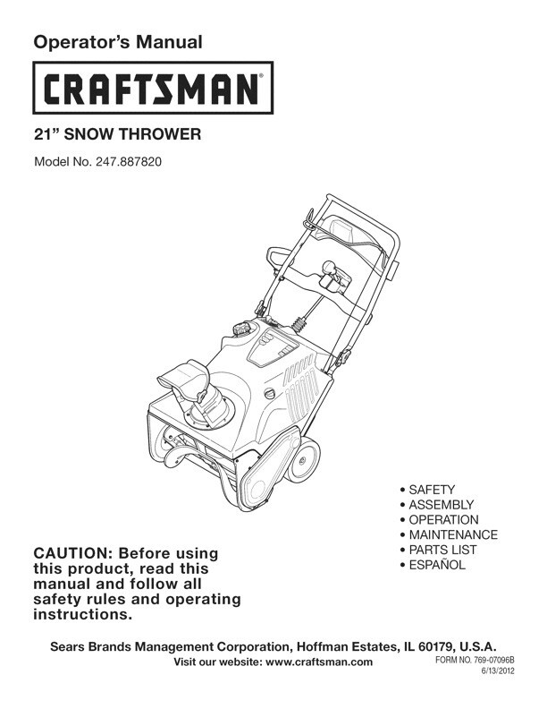 Model 247.887820 | Owner’s Manual Sears Craftsman 21” Snow Thrower Snow ...